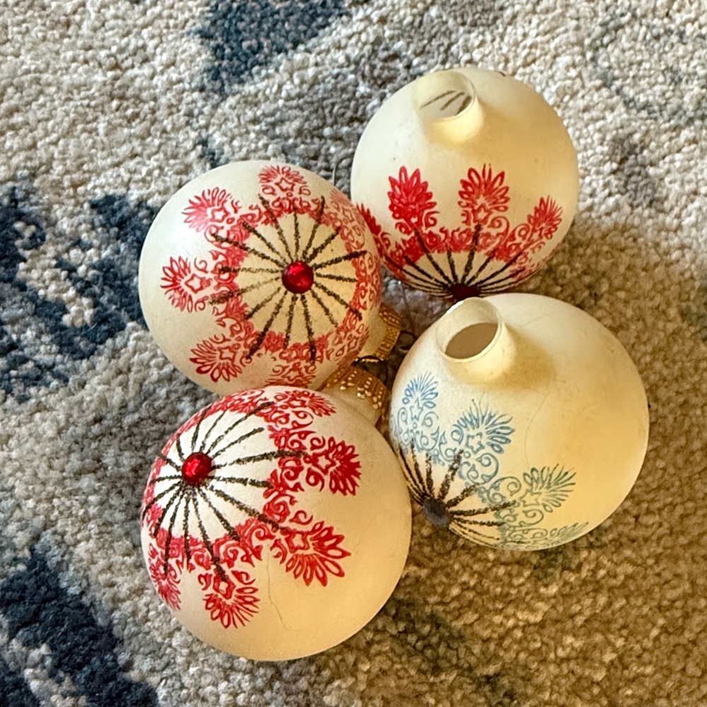 Elegant set of 4 Vintage Holiday Ornaments with Red and Blue Accents